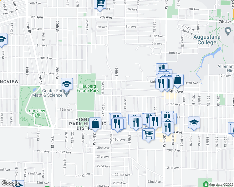 map of restaurants, bars, coffee shops, grocery stores, and more near 2527 15th Avenue in Rock Island