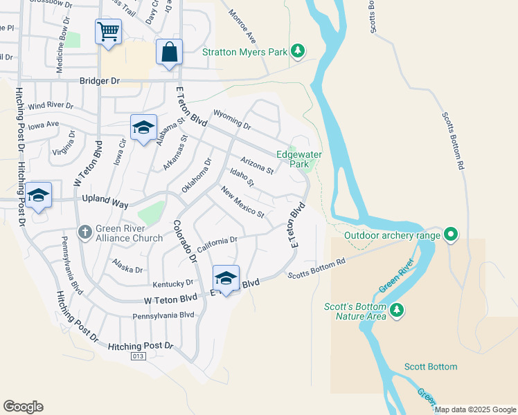 map of restaurants, bars, coffee shops, grocery stores, and more near 1765 New Mexico Street in Green River