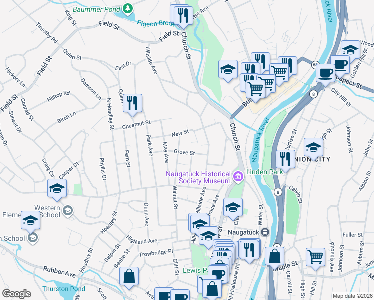 map of restaurants, bars, coffee shops, grocery stores, and more near 49 Grove Street in Naugatuck