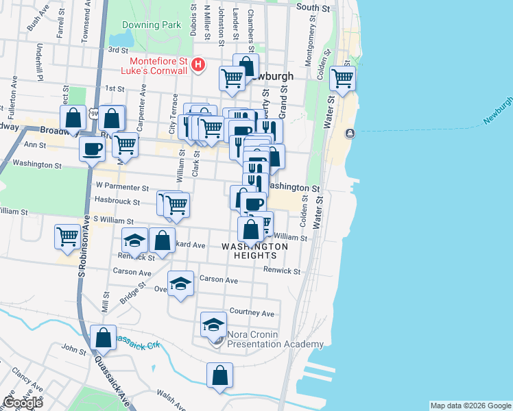 map of restaurants, bars, coffee shops, grocery stores, and more near 13 East Parmenter Street in Newburgh