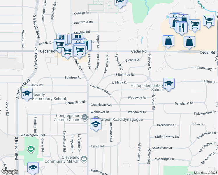 map of restaurants, bars, coffee shops, grocery stores, and more near 23317 East Silsby Road in Beachwood