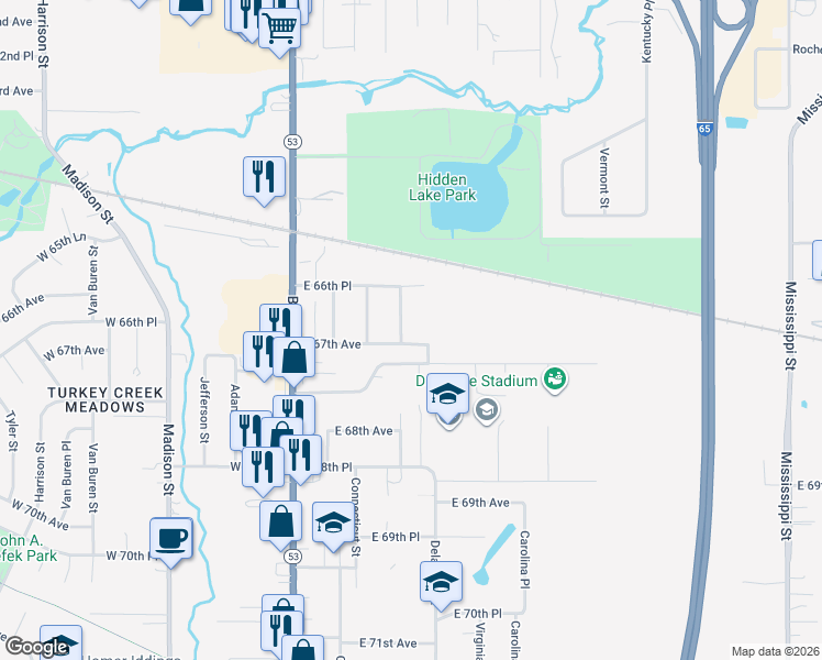 map of restaurants, bars, coffee shops, grocery stores, and more near 6679 Pennsylvania Street in Merrillville