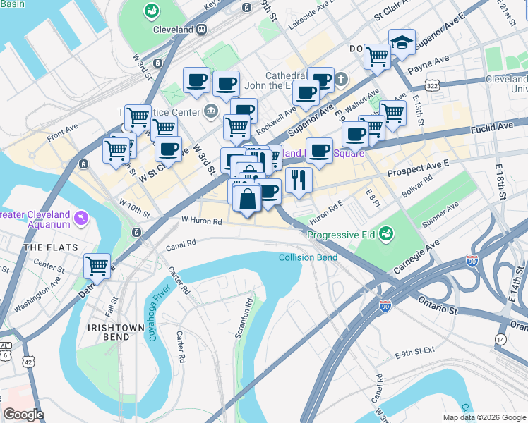 map of restaurants, bars, coffee shops, grocery stores, and more near 123 West Prospect Avenue in Cleveland
