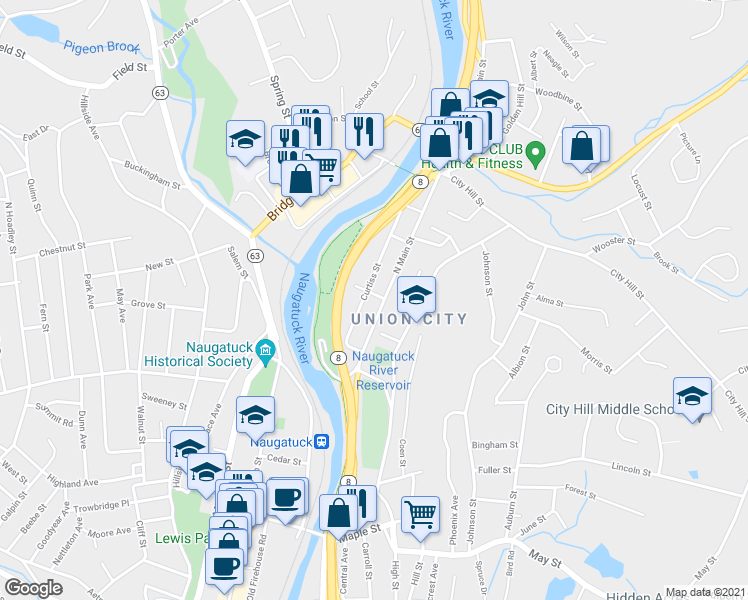 map of restaurants, bars, coffee shops, grocery stores, and more near 240 North Main Street in Naugatuck