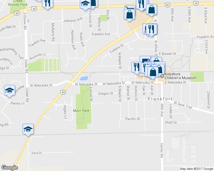 map of restaurants, bars, coffee shops, grocery stores, and more near 266 West Nebraska Street in Frankfort