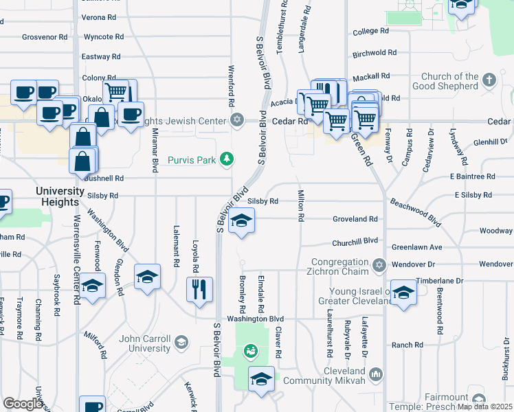 map of restaurants, bars, coffee shops, grocery stores, and more near 4306 Silsby Road in University Heights
