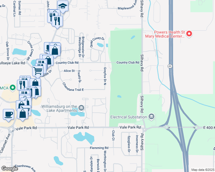 map of restaurants, bars, coffee shops, grocery stores, and more near 3201 Greyfox Drive North in Valparaiso