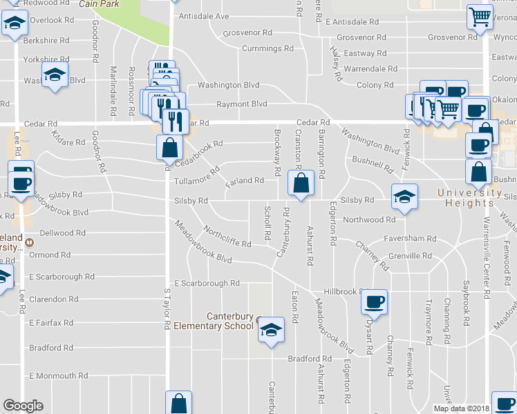 map of restaurants, bars, coffee shops, grocery stores, and more near 3610 Silsby Road in University Heights