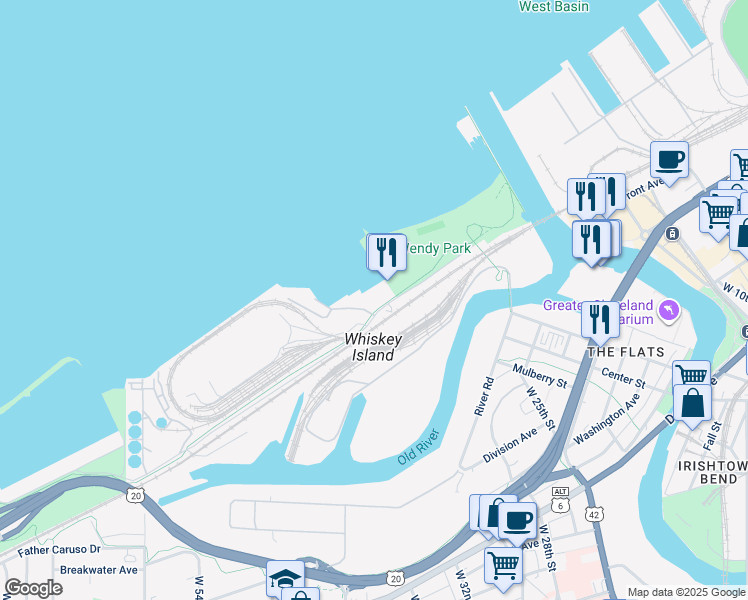 map of restaurants, bars, coffee shops, grocery stores, and more near 2800 Whiskey Island Drive in Cleveland