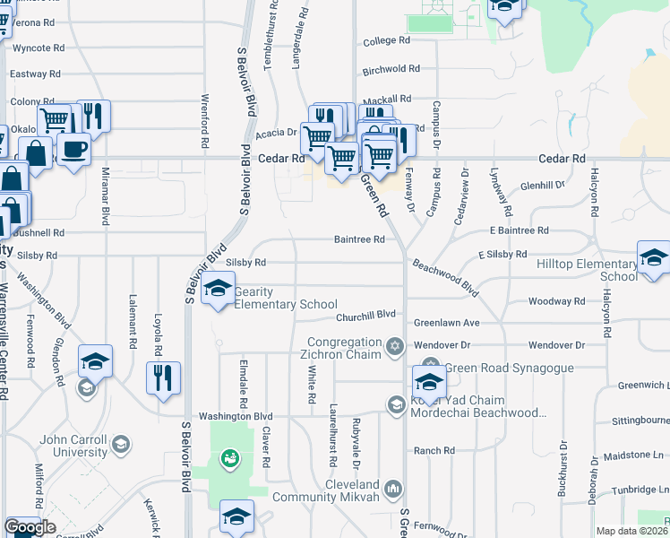 map of restaurants, bars, coffee shops, grocery stores, and more near 4426 Silsby Road in University Heights
