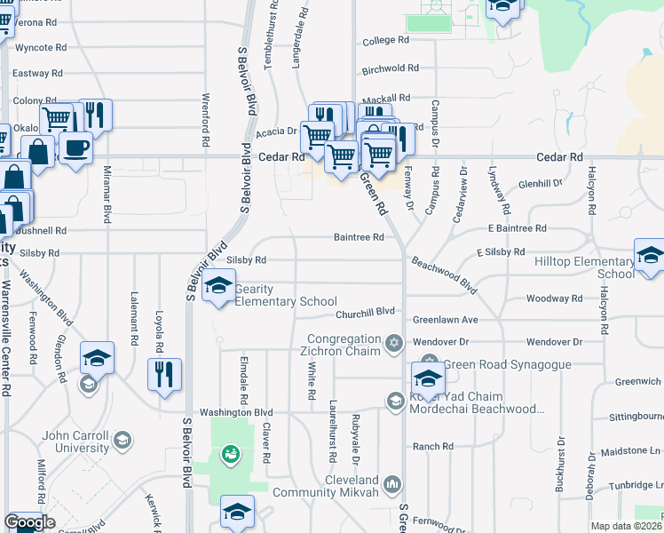 map of restaurants, bars, coffee shops, grocery stores, and more near 4426 Silsby Road in University Heights