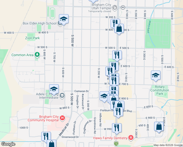 map of restaurants, bars, coffee shops, grocery stores, and more near 342 North 500 West in Brigham City