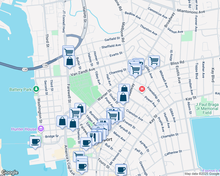map of restaurants, bars, coffee shops, grocery stores, and more near 53 Gould Street in Newport