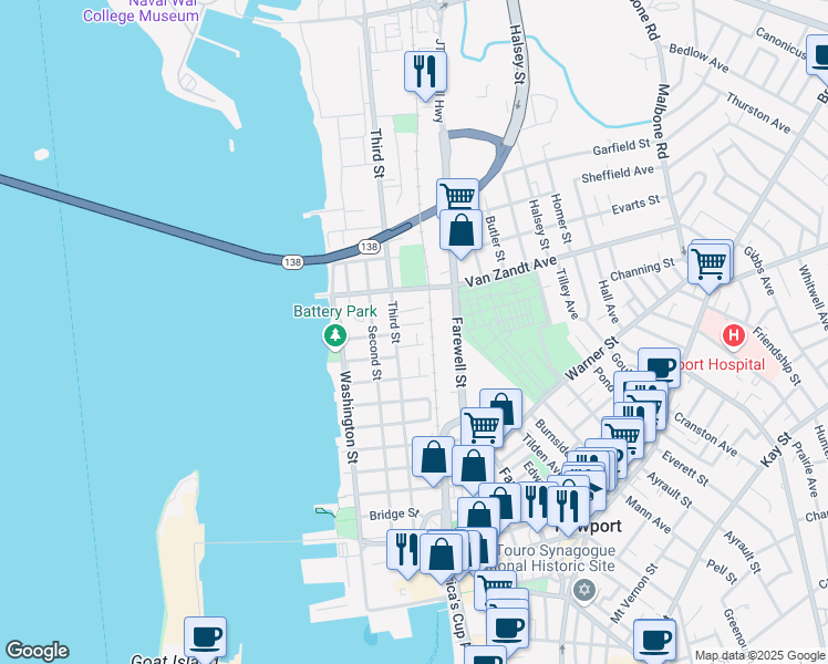 map of restaurants, bars, coffee shops, grocery stores, and more near 3 Lasalle Place in Newport
