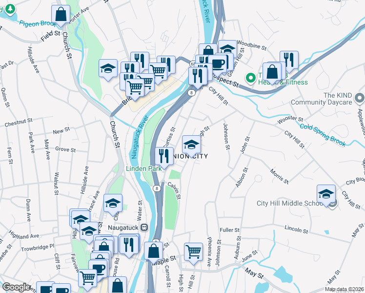 map of restaurants, bars, coffee shops, grocery stores, and more near in Naugatuck