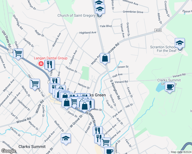 map of restaurants, bars, coffee shops, grocery stores, and more near 269 East Grove Street in Clarks Green