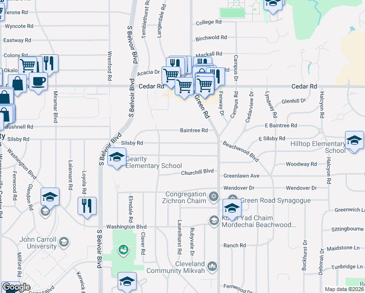 map of restaurants, bars, coffee shops, grocery stores, and more near 4426 Silsby Road in University Heights
