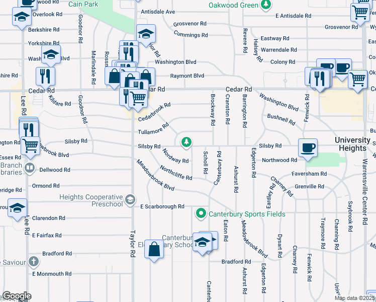 map of restaurants, bars, coffee shops, grocery stores, and more near 3548 Silsby Road in Cleveland Heights