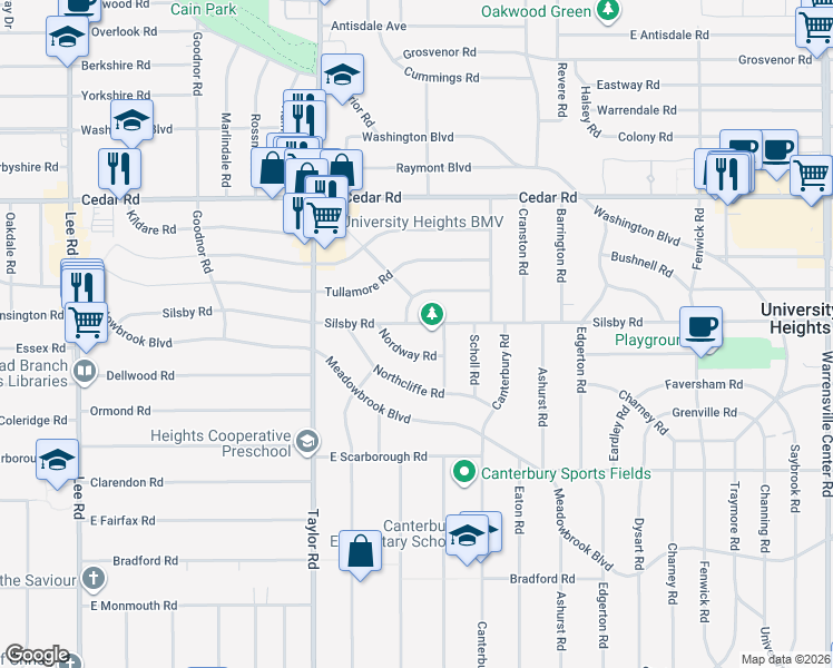 map of restaurants, bars, coffee shops, grocery stores, and more near 3548 Silsby Road in Cleveland Heights