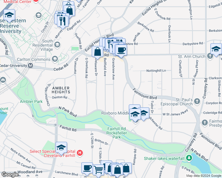 map of restaurants, bars, coffee shops, grocery stores, and more near 2272 Grandview Avenue in Cleveland Heights