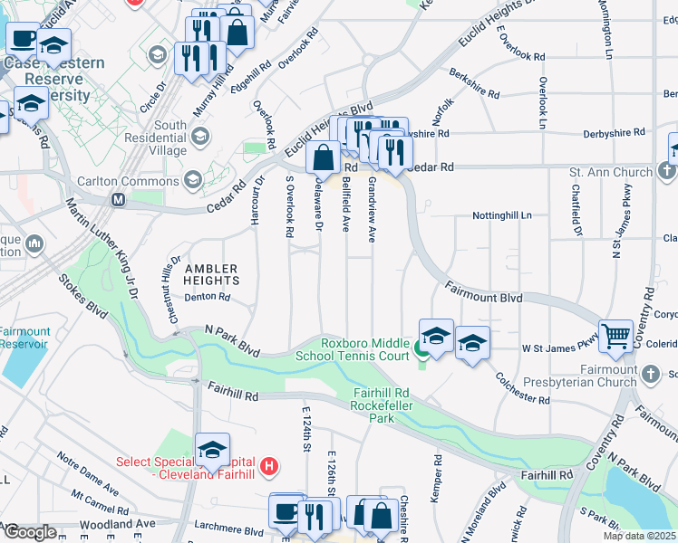 map of restaurants, bars, coffee shops, grocery stores, and more near 2275 Delaware Drive in Cleveland Heights