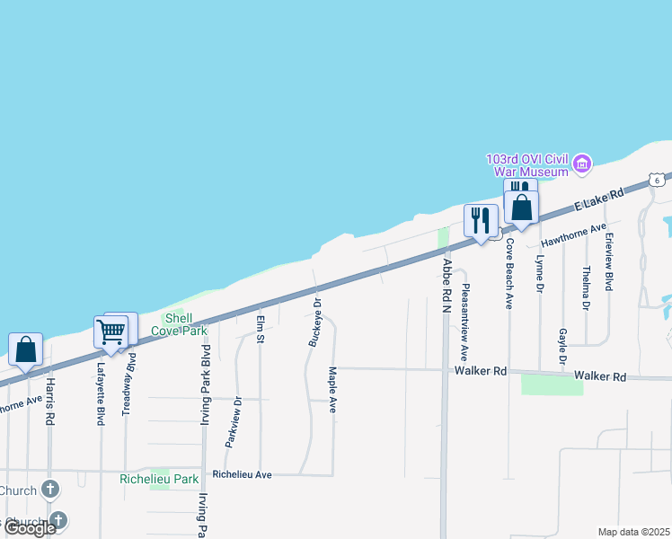 map of restaurants, bars, coffee shops, grocery stores, and more near 5115 East Lake Road in Sheffield Lake