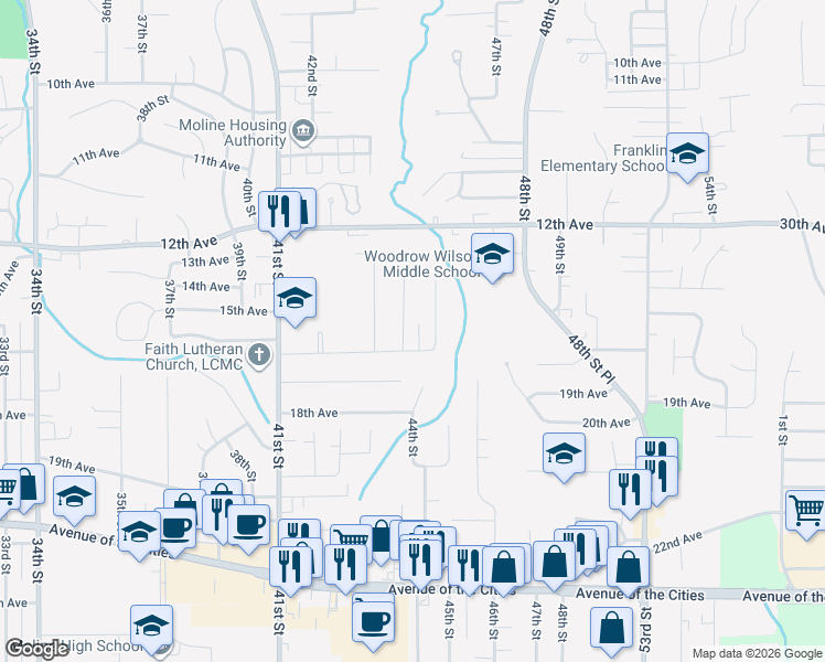 map of restaurants, bars, coffee shops, grocery stores, and more near 1521 45th Street in Moline