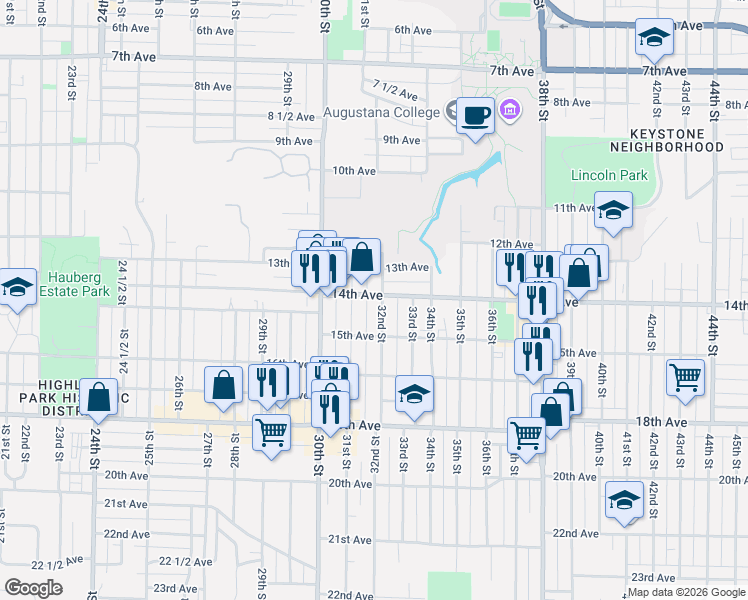 map of restaurants, bars, coffee shops, grocery stores, and more near 3130 14th Avenue in Rock Island