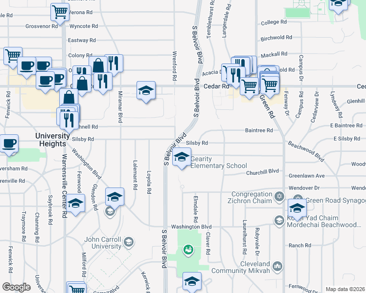 map of restaurants, bars, coffee shops, grocery stores, and more near 2275 South Belvoir Boulevard in University Heights