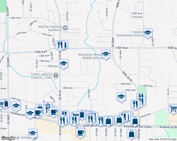 map of restaurants, bars, coffee shops, grocery stores, and more near 1521 45th Street in Moline