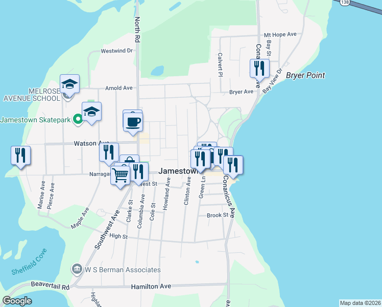 map of restaurants, bars, coffee shops, grocery stores, and more near 4 Standish Road in Jamestown