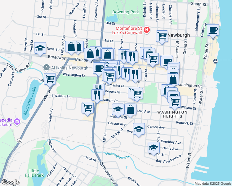 map of restaurants, bars, coffee shops, grocery stores, and more near 61 Hasbrouck Street in Newburgh