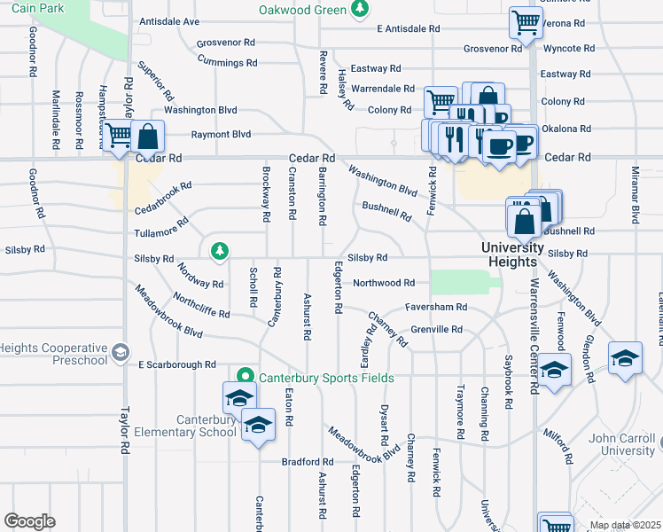 map of restaurants, bars, coffee shops, grocery stores, and more near 3734 Silsby Road in University Heights