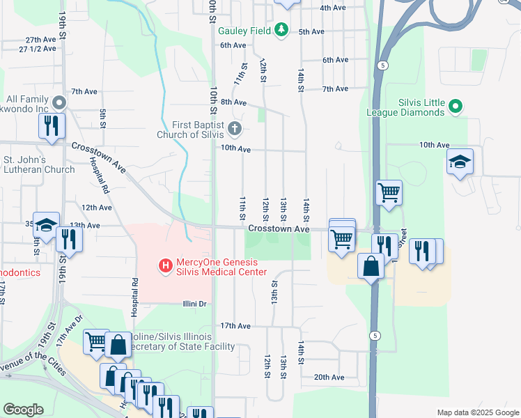 map of restaurants, bars, coffee shops, grocery stores, and more near 1212 12th Street in Silvis