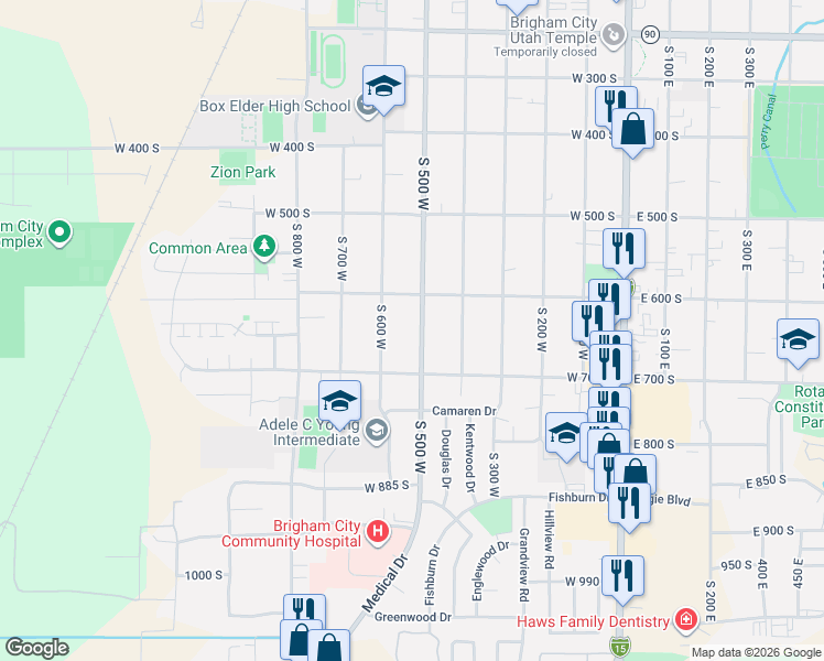 map of restaurants, bars, coffee shops, grocery stores, and more near 642 South 500 West in Brigham City