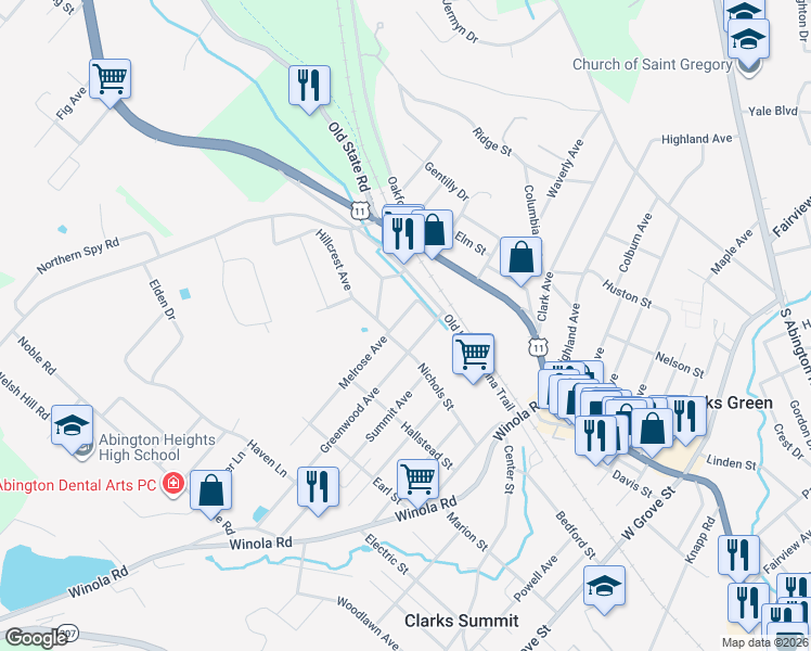 map of restaurants, bars, coffee shops, grocery stores, and more near 219 Melrose Avenue in Clarks Summit