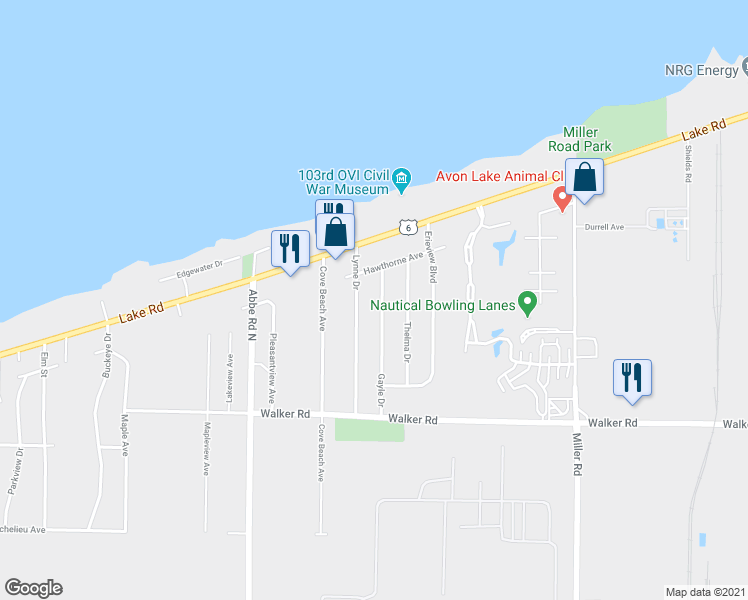 map of restaurants, bars, coffee shops, grocery stores, and more near 262 Gayle Drive in Sheffield Lake