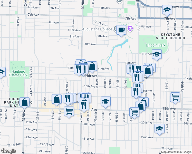 map of restaurants, bars, coffee shops, grocery stores, and more near 3130 14th Avenue in Rock Island