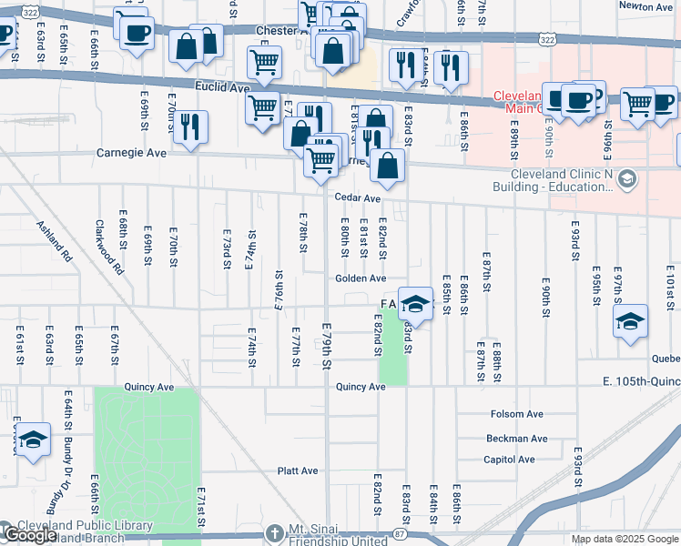 map of restaurants, bars, coffee shops, grocery stores, and more near 2254 East 80th Street in Cleveland