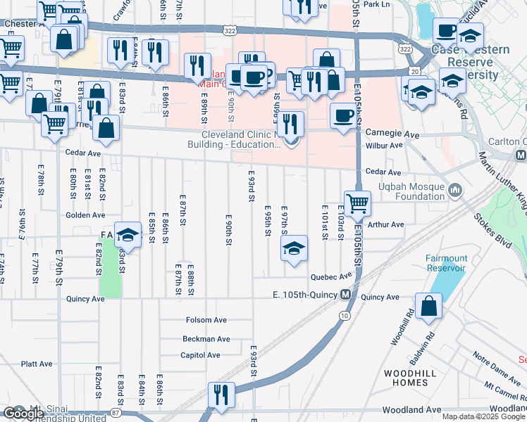 map of restaurants, bars, coffee shops, grocery stores, and more near 2234 E 95th St in Cleveland