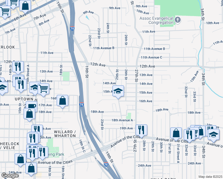 map of restaurants, bars, coffee shops, grocery stores, and more near 2435 15th Avenue in Moline