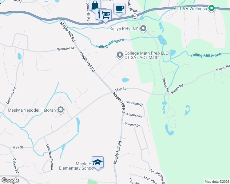 map of restaurants, bars, coffee shops, grocery stores, and more near 354 Maple Hill Road in Naugatuck