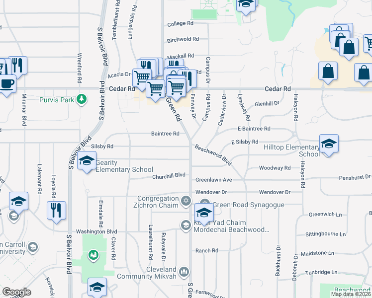 map of restaurants, bars, coffee shops, grocery stores, and more near 2288 South Green Road in Beachwood