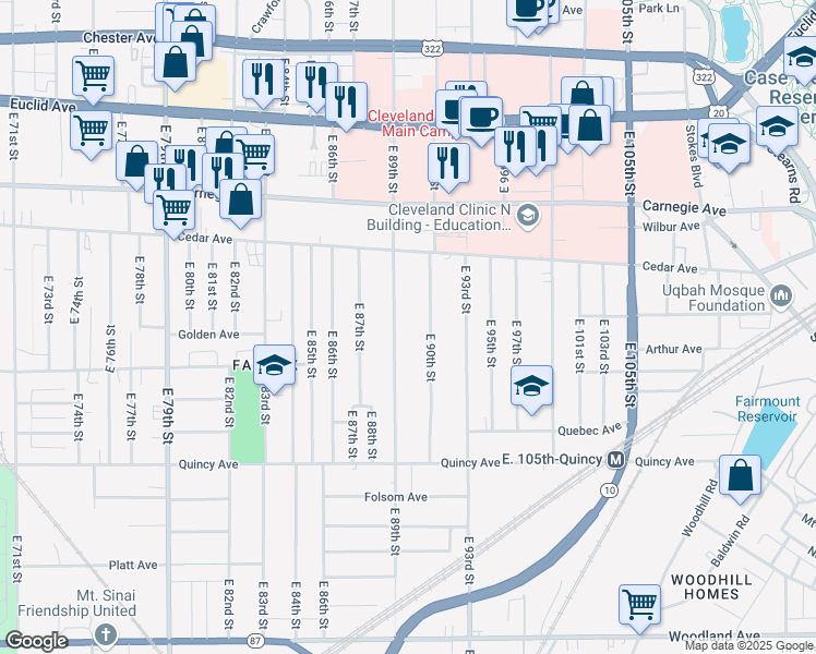 map of restaurants, bars, coffee shops, grocery stores, and more near 2229 E 89th St in Cleveland