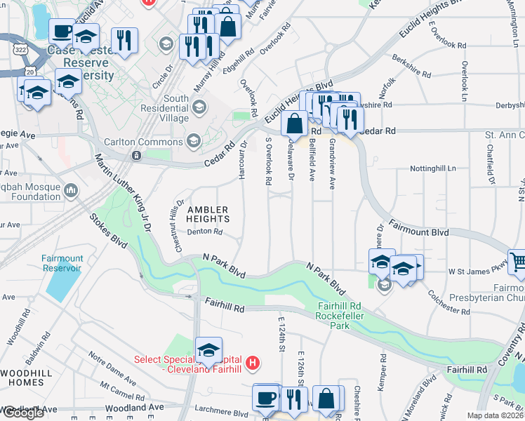 map of restaurants, bars, coffee shops, grocery stores, and more near 2280 South Overlook Road in Cleveland Heights