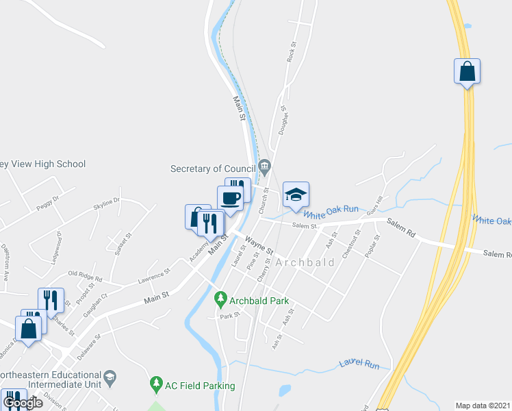 map of restaurants, bars, coffee shops, grocery stores, and more near 410 Church St in Archbald