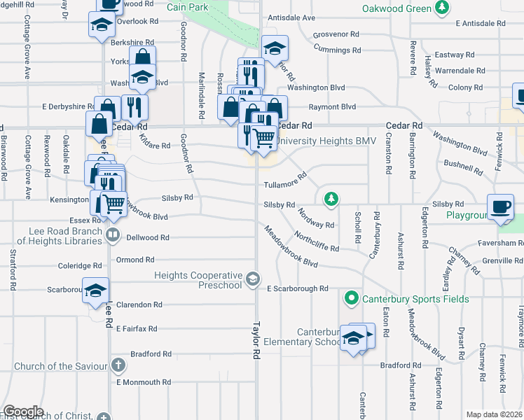 map of restaurants, bars, coffee shops, grocery stores, and more near 2284 South Taylor Road in Cleveland Heights