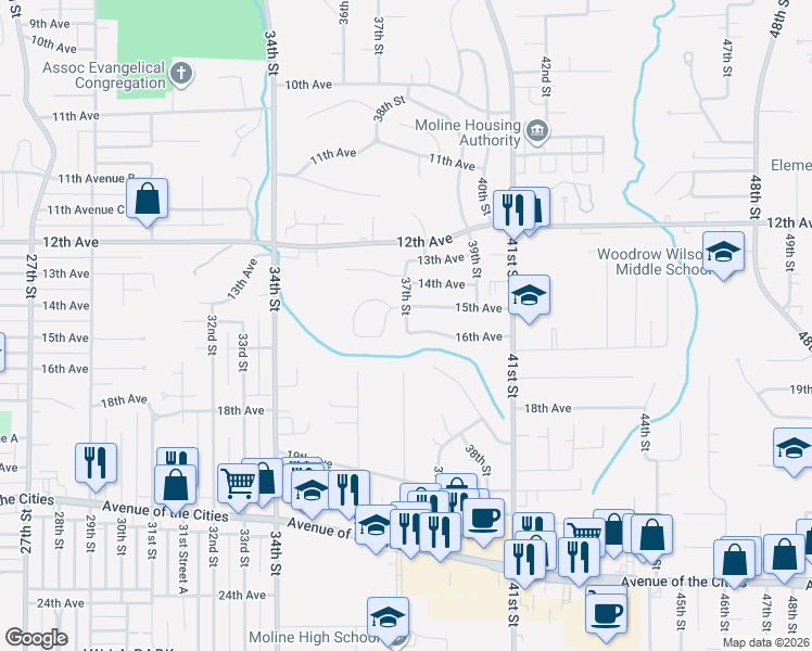 map of restaurants, bars, coffee shops, grocery stores, and more near 1507 37th Street in Moline