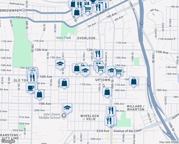 map of restaurants, bars, coffee shops, grocery stores, and more near 1425 14th St in Moline