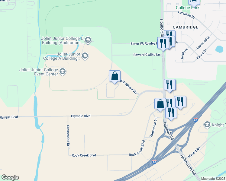 map of restaurants, bars, coffee shops, grocery stores, and more near 1215 Houbolt Road in Joliet